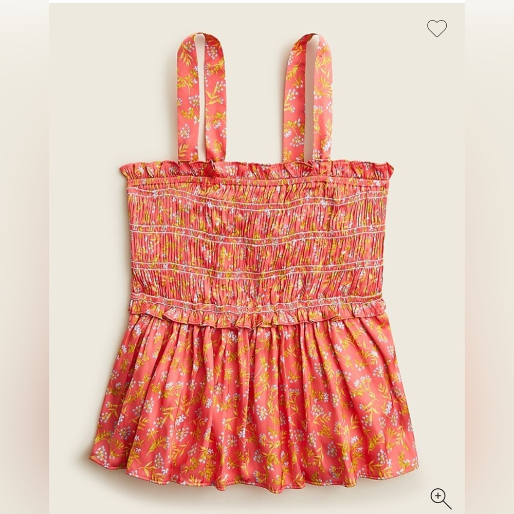 J. Crew Smocked featherweight satin tank top in coral meadow floral, Size small